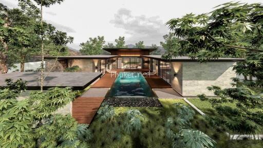 Modern house with central pool and lush greenery