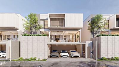 Modern townhouse with multiple cars parked in the driveway