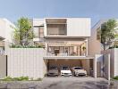 Modern townhouse with multiple cars parked in the driveway