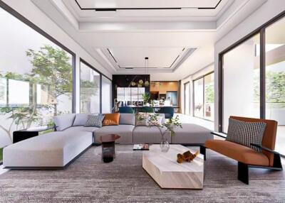 spacious and modern living room with large windows and stylish furniture