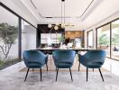 Modern dining area with large windows and blue chairs