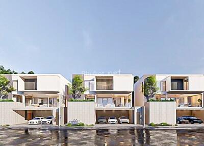 Modern residential buildings with multiple levels and garages