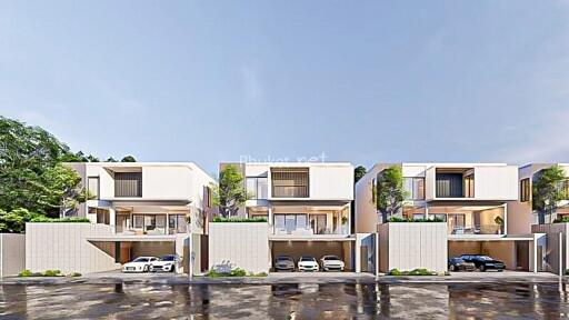 Modern residential buildings with multiple levels and garages