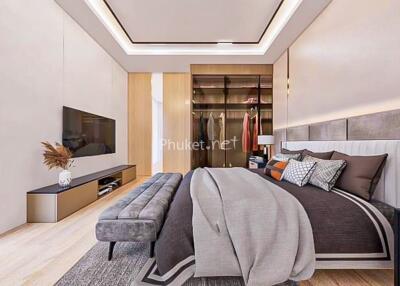 Modern bedroom with large bed, TV, seating bench, and walk-in closet