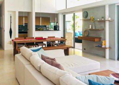 Spacious modern living room with large sofa and open kitchen