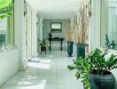 Bright and modern hallway with large windows and indoor plants