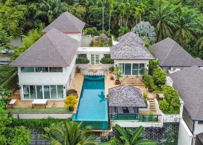 Aerial view of a luxurious villa with multiple buildings and a large swimming pool surrounded by lush greenery