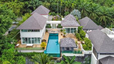 Aerial view of a luxurious villa with multiple buildings and a large swimming pool surrounded by lush greenery