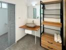 Modern bathroom with vanity sink and open shelves