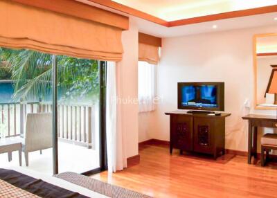 Spacious bedroom with a sliding glass door opening to a balcony, featuring a large bed, TV on a stand, wooden flooring, and ample natural light.