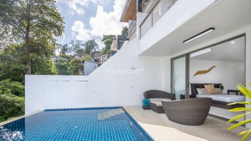 Outdoor seating area and swimming pool