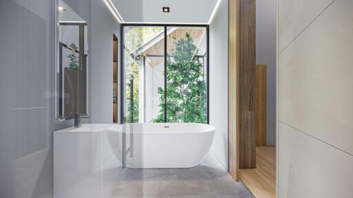 Modern bathroom with freestanding tub and floor-to-ceiling windows