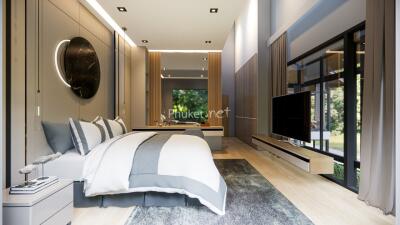 Modern bedroom with large windows and stylish decor