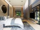 Modern bedroom with large windows and stylish decor