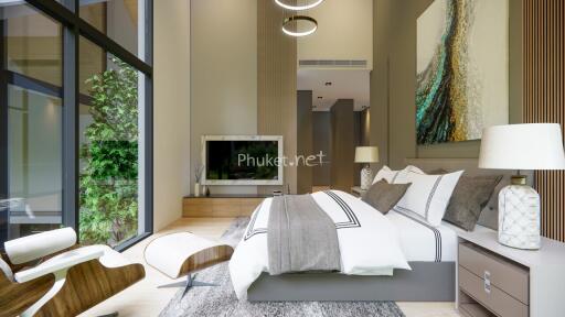 Modern bedroom with floor-to-ceiling windows, stylish furniture, and contemporary decor