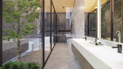 Modern bathroom with glass shower enclosure and double sink vanity