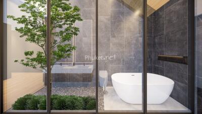 Modern bathroom with large bathtub and indoor plants