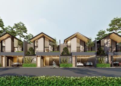 Modern row of three-story houses with carports and greenery