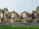 Modern row of three-story houses with carports and greenery