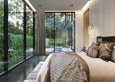 Modern bedroom with large glass windows and outdoor pool view