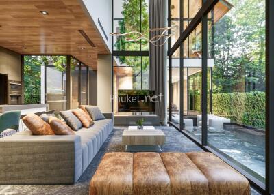 Modern living room with large windows and pool view