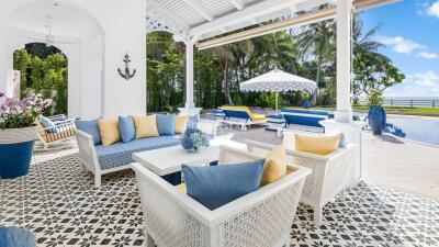 Outdoor seating area with pool and garden view