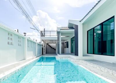 Outdoor pool area of a modern home