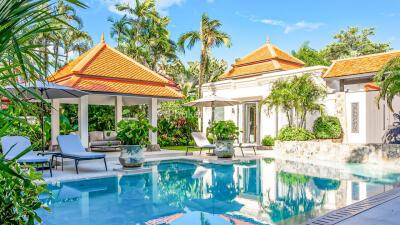 Luxurious outdoor area with pool and garden