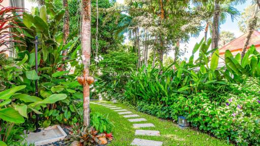 Beautiful garden with lush greenery and stepping stone pathway