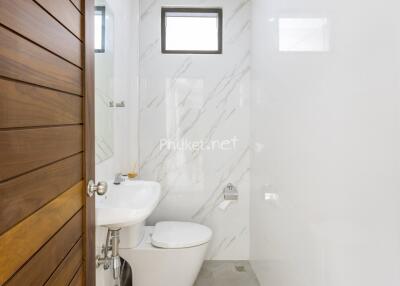 Modern bathroom with wooden door and white fixtures