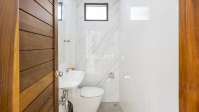 Modern bathroom with wooden door and white fixtures