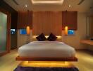 Modern bedroom with mood lighting and minimalist decor