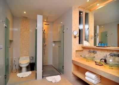 Modern bathroom with glass shower and dual sinks