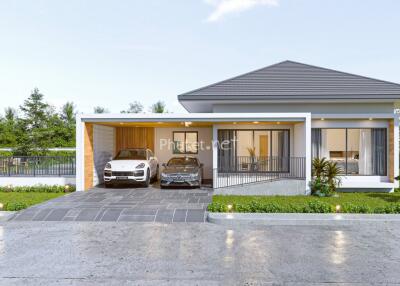 Modern house exterior with a garage and two cars