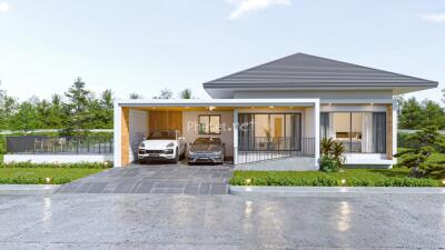 Modern house exterior with a garage and two cars