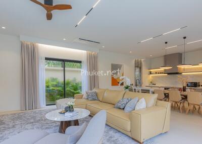 Modern living room with open kitchen and dining area