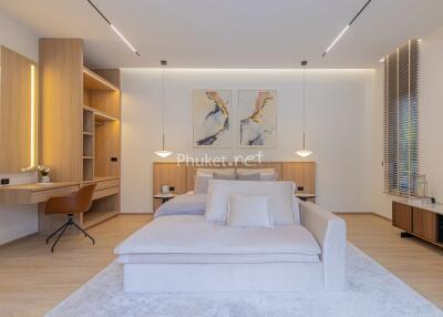 Spacious and modern bedroom with desk and seating area