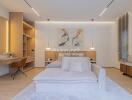 Spacious and modern bedroom with desk and seating area