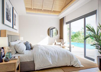 Modern bedroom with large windows and a pool view