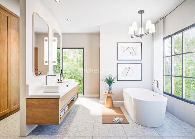 Modern bathroom with freestanding tub and large windows