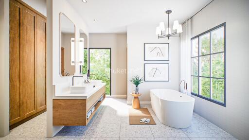 Modern bathroom with freestanding tub and large windows