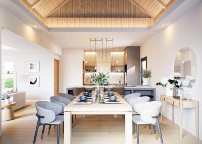 Modern dining area connected to an open kitchen with stylish decor