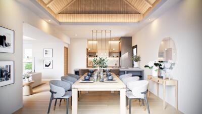 Modern dining area connected to an open kitchen with stylish decor