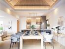 Modern dining area connected to an open kitchen with stylish decor