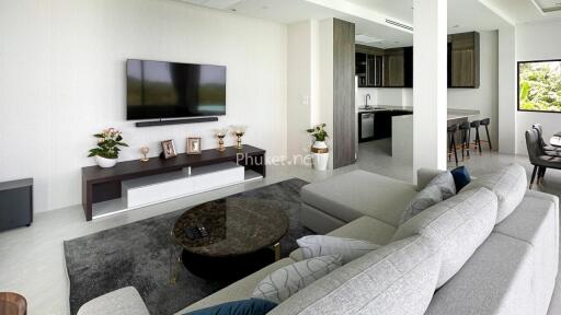 Modern living room with sectional sofa and wall-mounted TV