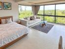 Spacious bedroom with a large window and a scenic view