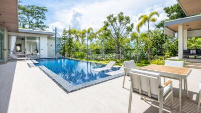 Modern outdoor pool area with furniture