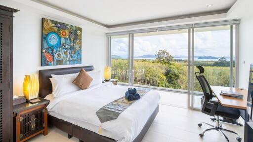 Modern bedroom with large windows and scenic view