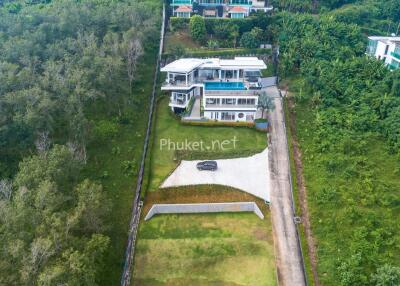 Aerial view of a modern house surrounded by greenery