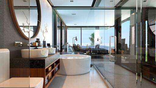 Modern bathroom with glass shower, large bathtub, and double sink